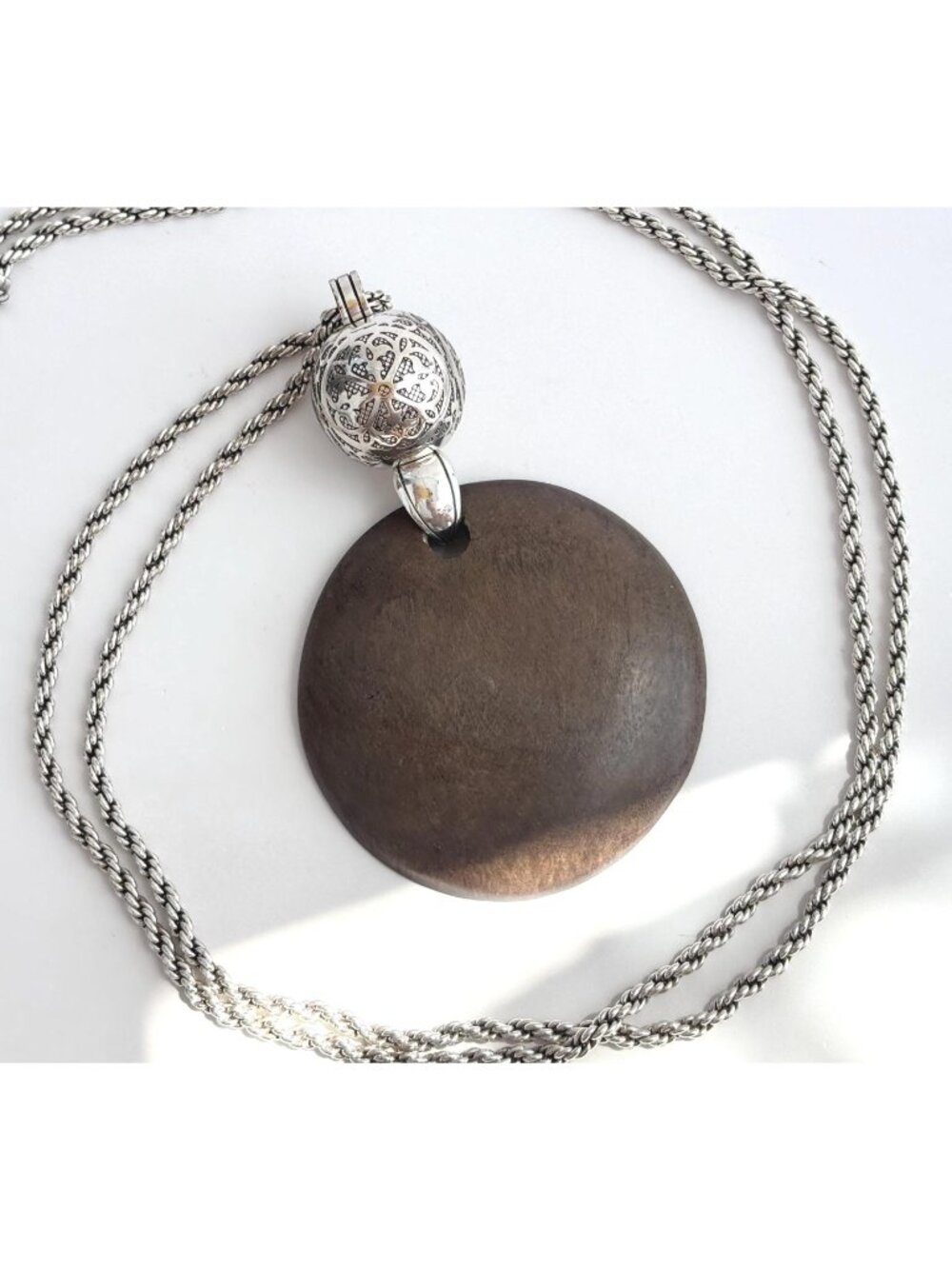 Brighton Silver Plated Solid Wood Disc Rope Chain 90's Vintage Pendant Necklace